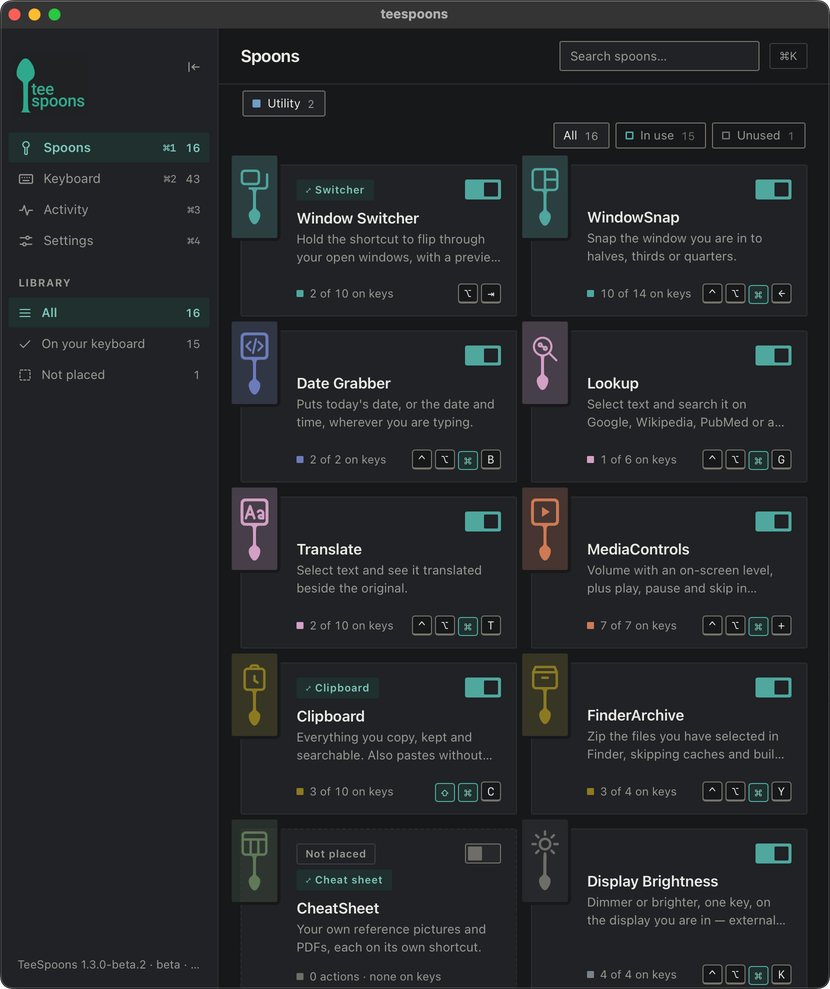 The teespoons window in dark mode, on the Spoons page. On the left a sidebar with Spoons, Keyboard, Activity and Settings. Next to it, spoon cards for Window Switcher, WindowSnap, Date Grabber, Lookup, Translate, MediaControls, Clipboard, FinderArchive, CheatSheet and Display Brightness, each with its icon, switch and shortcut.