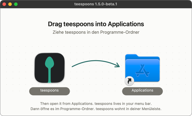 The teespoons installer window, with an arrow from teespoons to the Applications folder